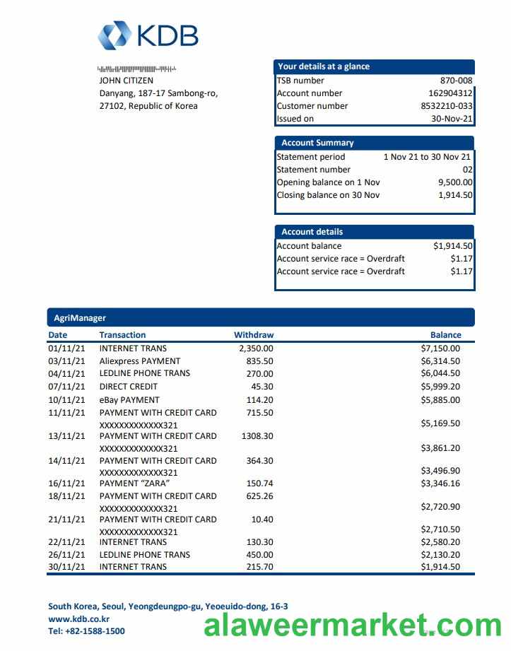 South Korea KDB bank statement easy to fill template in Excel and PDF format